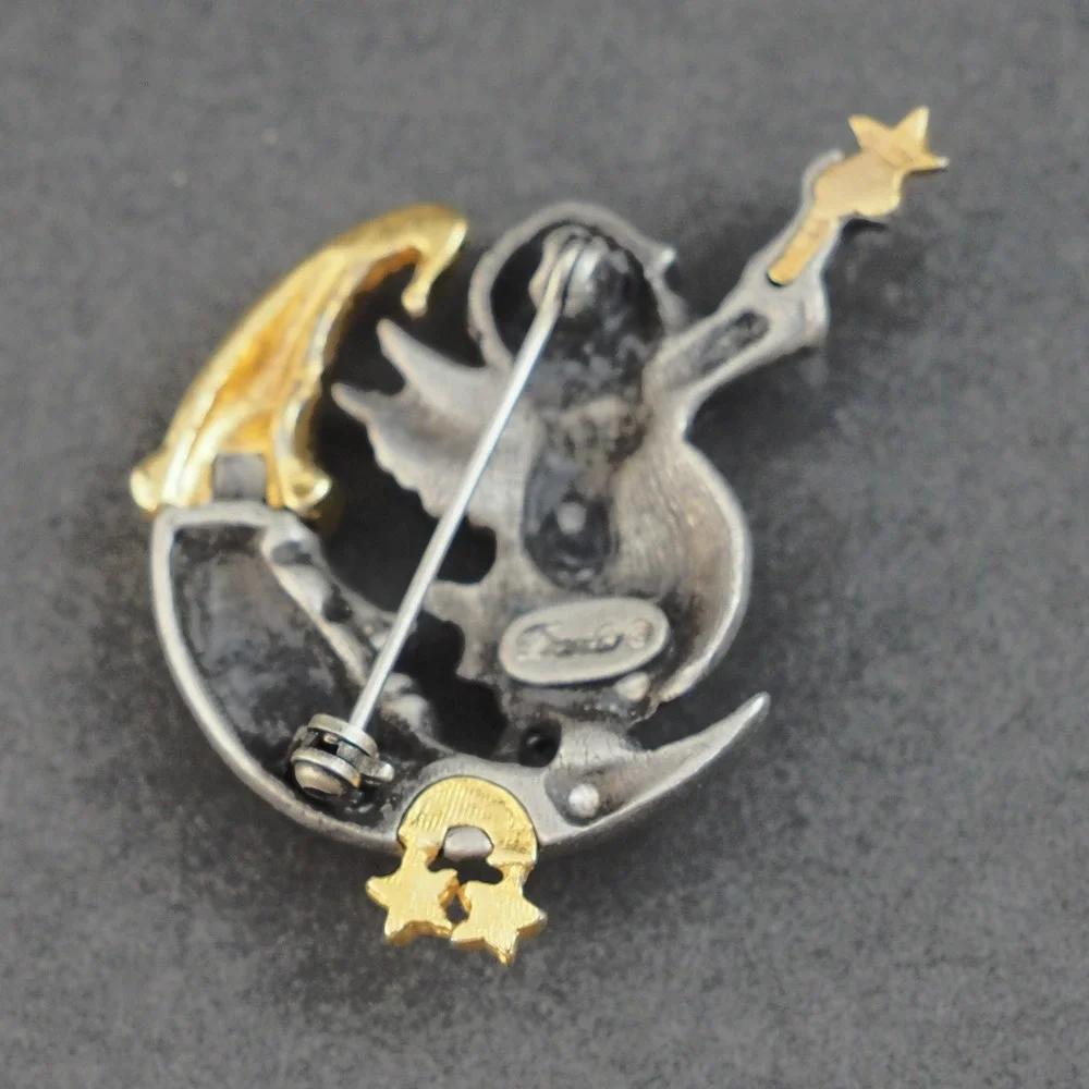 Vintage Daria Brooch Pin Celestial Angel Child Moon Stars Pewter Gold Two Tone